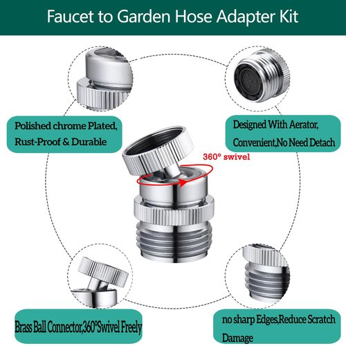 SNUTUYA Faucet to Garden Hose Adapter,Brass 3/4-Inch Garden Hose Adapter with Aerator, 360-degree Swivel for Kitchen And Bathroom,Chrome