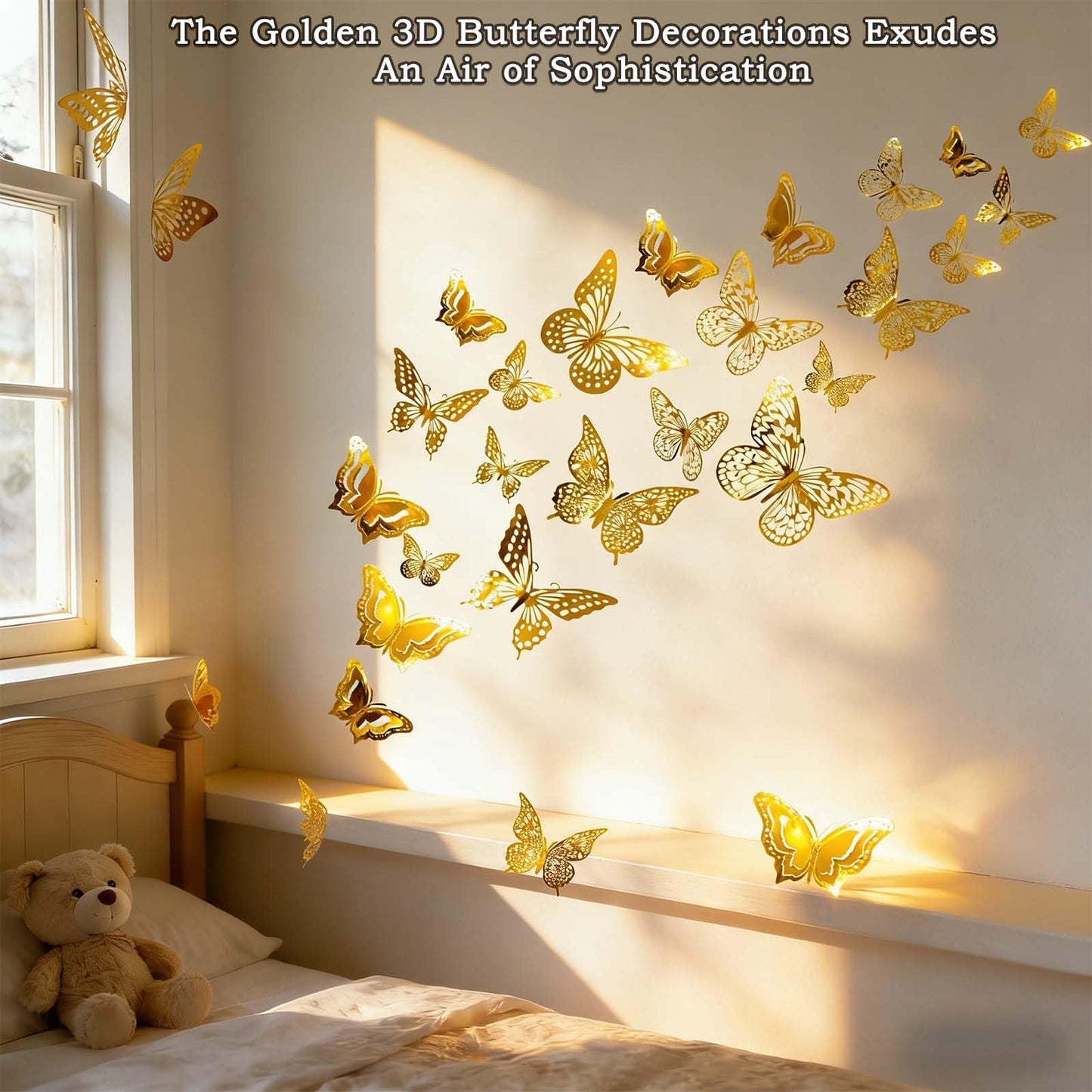 Kisajar Butterfly Wall Decor,108 Pcs 3D Gold Butterflies - 5 Styles 3 Sizes Removable Decorative Butterflies Stickers for Bouquets,Birthday Party,Wedding,Cake Decorations