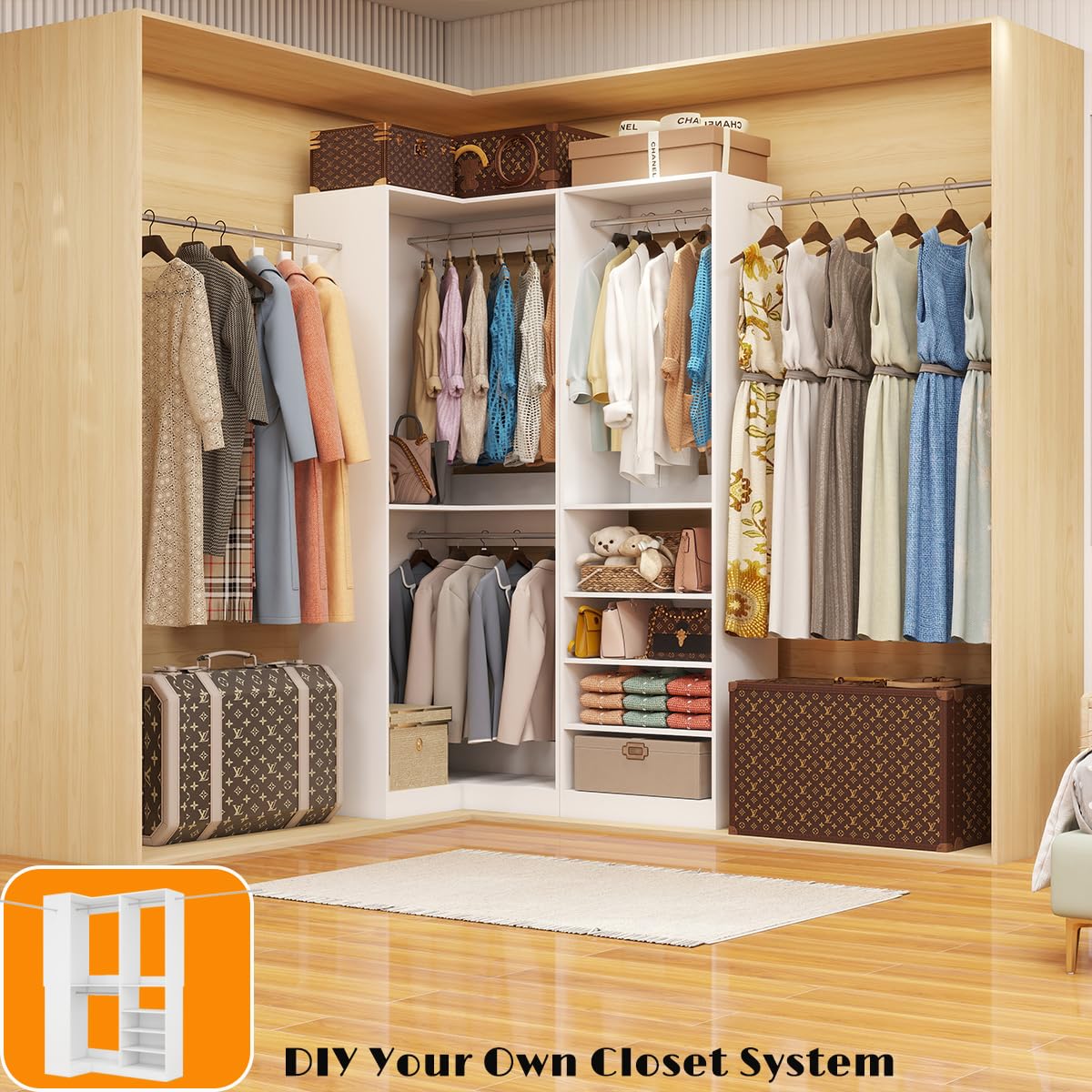 Closet Organizer Systems with 5 Hanging Rods & Adjustable Shelves Walk in Storage Closet Free Standing Closet System Corner Closet System 2 Set, White