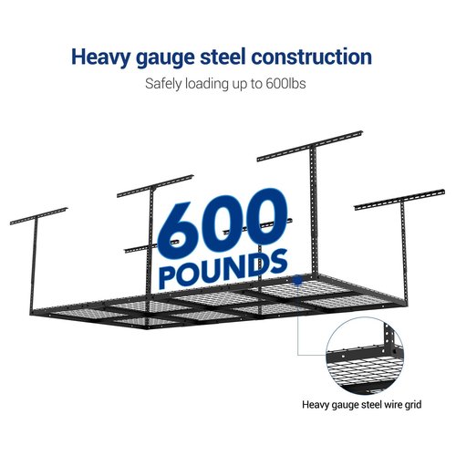 FLEXIMOUNTS 4x8 Overhead Metal Garage Storage Rack w/Hooks Adjustable Ceiling Storage Rack, 96" Length x 48" Width x 40" Height, 22''-40" Ceiling Dropdown, Black