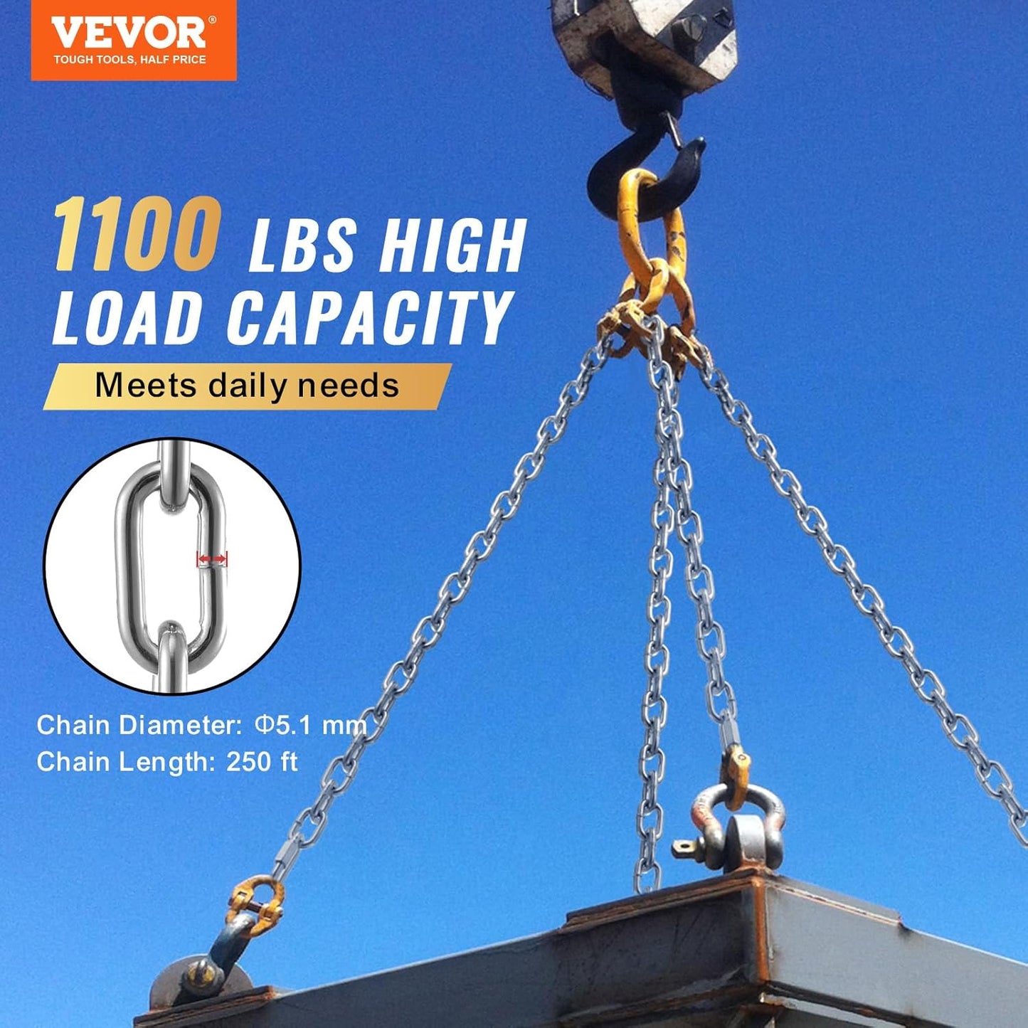 VEVOR Grade 30 Chain 3/16 Inch by 100Ft Length Grade 30 Proof Coil Chain Zinc Plated Grade 30 Chain for Towing Logging Agriculture and Guard Rails