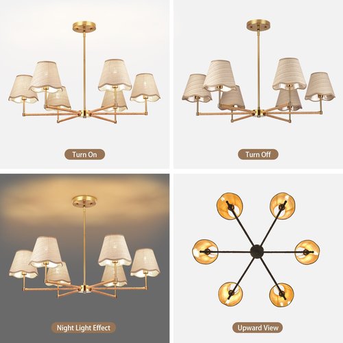 ZORYATA Boho Rattan Chandelier, 6-Light Gold Hanging Ceiling Light Fixture, Adjustable Rustic Pendant Lamp for Dining Room, Kitchen Island, Living Room, Bedroom, Sloped Ceiling Lighting