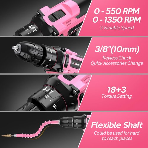 20V Cordless Drill, Electric Power Drill Set with Battery Charger, 3/8” Keyless Chuck, 2 Variable Speed, 18+3 Torque, 72pcs Driver Bits and Belt Hook, Pink