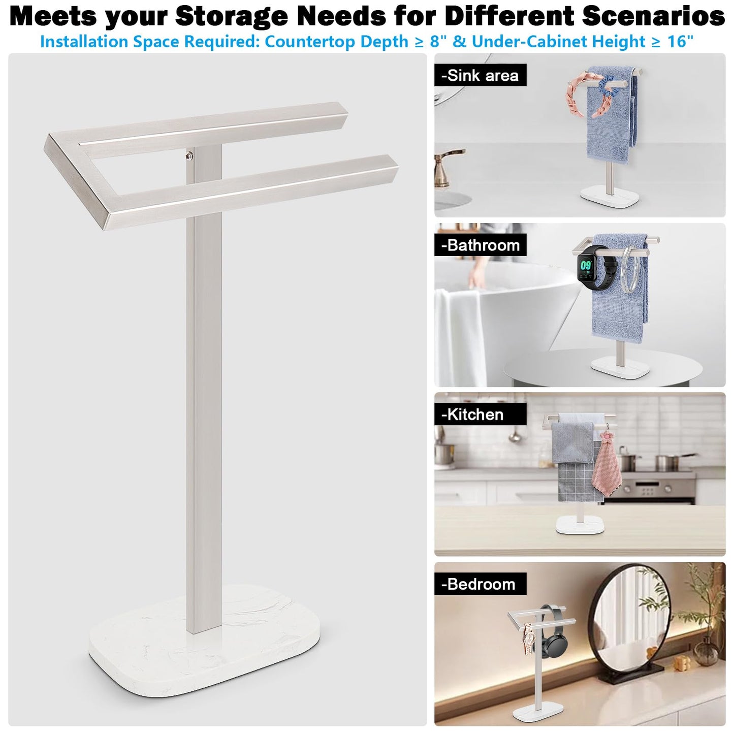 Livabber Standing Hand Towel Holder, 304 Stainless Steel Hand Towel Rack Stand with Heavy Marble Base, Bath Accessories, Towel Ring for Bathroom Kitchen Countertop, 14 Inch (Brushed Nickel)