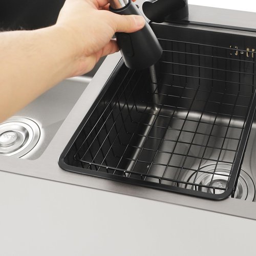 32-Inch Laundry Sink with Cabinet and Pull-Out Sprayer Faucet, Stainless Steel Utility Sink with Soap Dispenser and Drainage Basket, Cabinet with Double Bowl Sink for Laundry Room, Kitchen, Garage