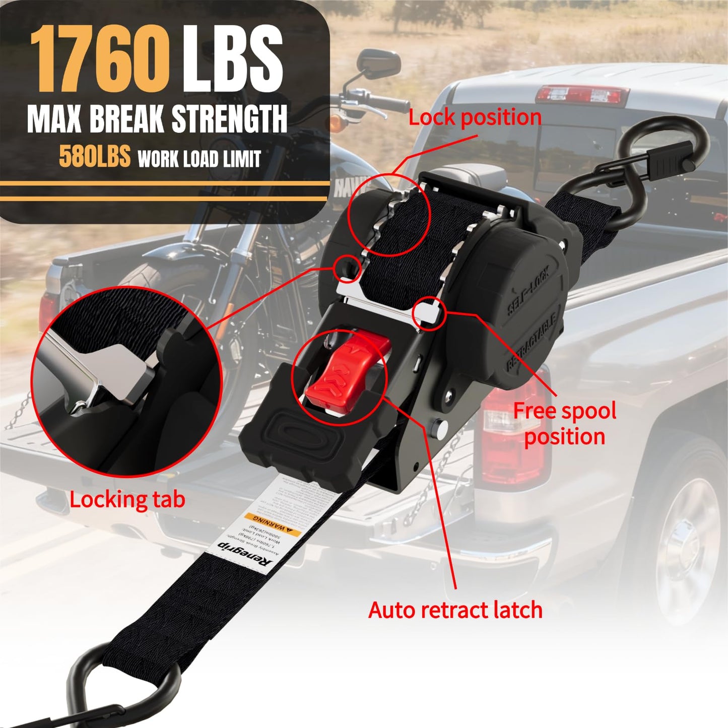 Renegrip Retractable Ratchet Straps Heavy Duty Tie Down 1''*12ft Breaking Strength 1760LBS Cargo Securing System,for Motorcycle,UTV,ATV,Trailer(Black,4Pack)