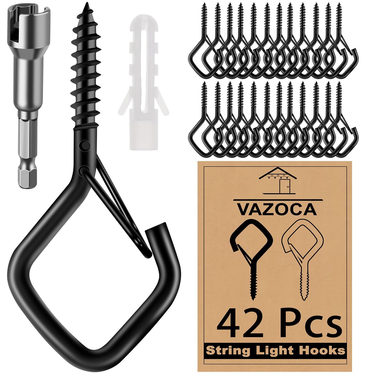 42 Pcs Screw Hooks for Outdoor String Lights, Q-Hanger Hook with Safety Buckle, Patio Wall Ceilling Square Eye Cup Hook for Hanging Plant Pots Christmas Decor Wire Fairy Led, Wind Nut Driver, Black