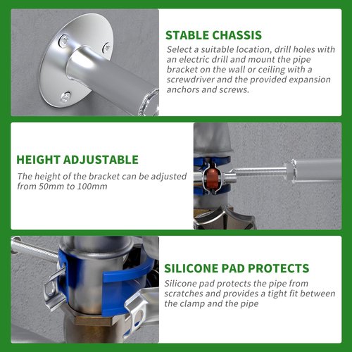 TAISHER 3PCS 304 Stainless Steel Wall Mount Ceiling Mount Adjustable Pipe Supports，Adjustable Pipe Strap Bracket Clamp，Suitable for 1-1/2 inch diameter tubes (44-46mm)，Adjustable Height 100-200mm
