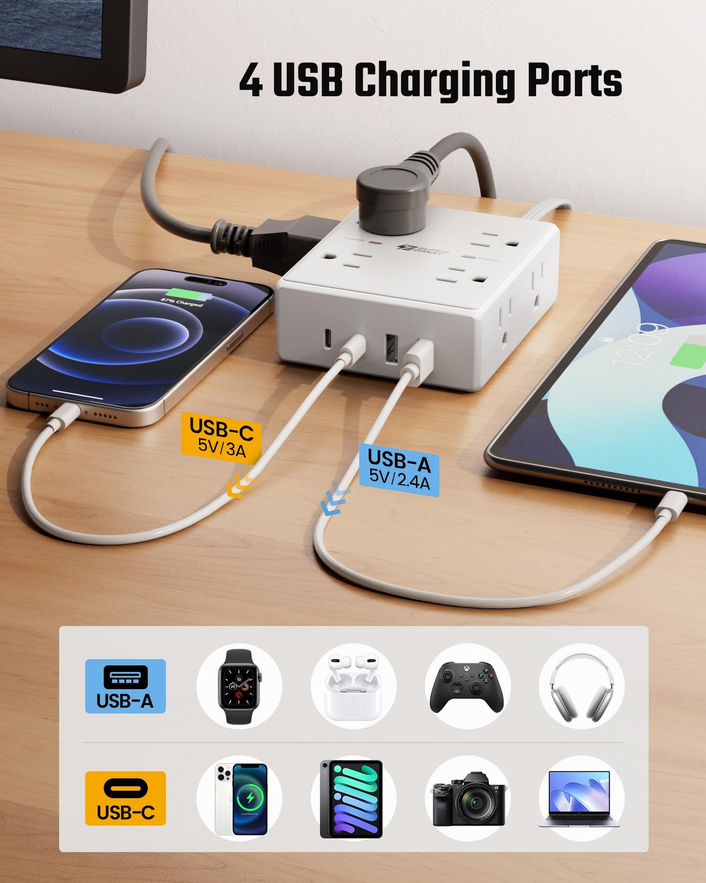 25Ft Long Extension Cord, Flat Plug Power Strip with 8 Outlets & 4 USB Ports (2 USB C), Wall Mountable Surge Protector, Desk Charging Station for Home Office, Dorm Room Essentials