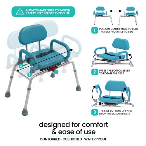 Sliding Shower Chair – Safe Rotating Tub Transfer Bench for Seniors & Disabled, Padded Swivel Seat with Handles, Compact Adjustable Bath Bench, Fits Most Bathtubs