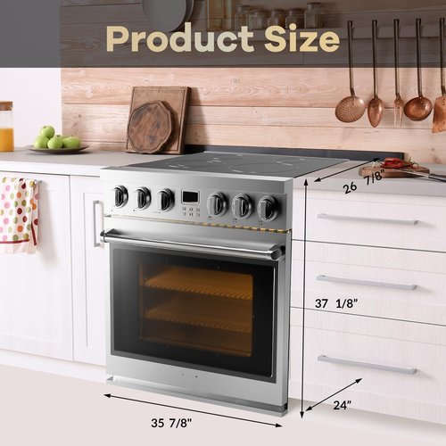 36" Stainless Steel Electric Range - 6 Cu.Ft Convection Oven with 5-Element Glass Cooktop, 6 Cooking Functions, Silver