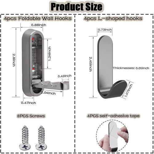4PCS Foldable Wall Hooks, Folding Coat Hook, Folding Hook Wall Mount with 4pcs L-Shape Nail-Free Hooks, Screwdriver and Drill Bit, for Bathroom, Kitchen, Entryway, Holds Coats, Backpacks, Hats, Keys
