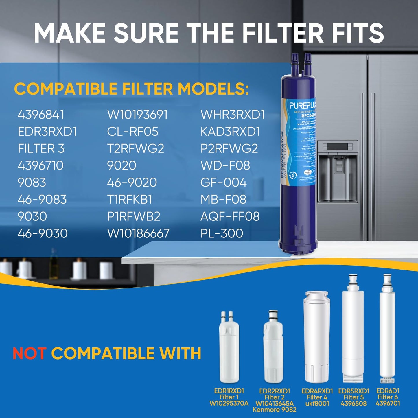 PUREPLUS Compatible with 4396841, 4396710, Everydrop® Filter 3, EDR3RXD1, 46-9083, 46-9030, 9030, 9083, Refrigerator Water Filter, 2Pack