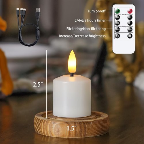 Mavandes Rechargeable Small Flameless Tea Light Candles with Remote Function, LED Votive 2/4/6/8 Hours Timer Ivory 1.5" x2.5" Mini Plastic Set of 6 Tealight (Charging Cable Included)