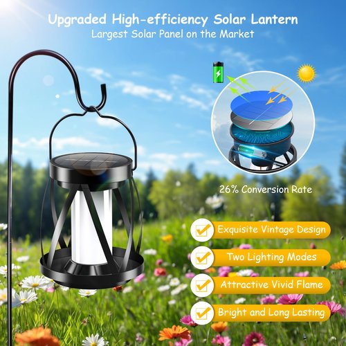 Garpar Solar Flickering Flame Lanterns Outdoor Waterproof - Upgraded Brighter Metal Hanging Solar Lights Outdoor, 2 Lighting Modes - Auto On/Off Outdoor Lights for Yard Porch Patio Garden Decor