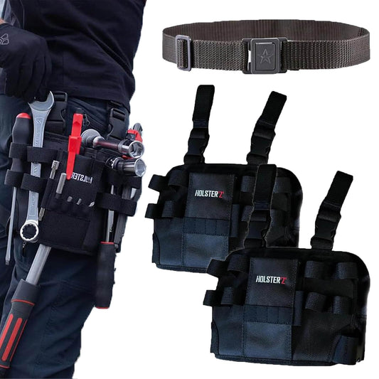 Holster Z 2.0 Tool Pouch, Multi-Tool Electrician Tools Pouch with Leg Tool Belt, Tactical Work Bag for Electrician, Repairman, HVAC Techs, Black with Belt Clip (2Bags and 1 Belt)