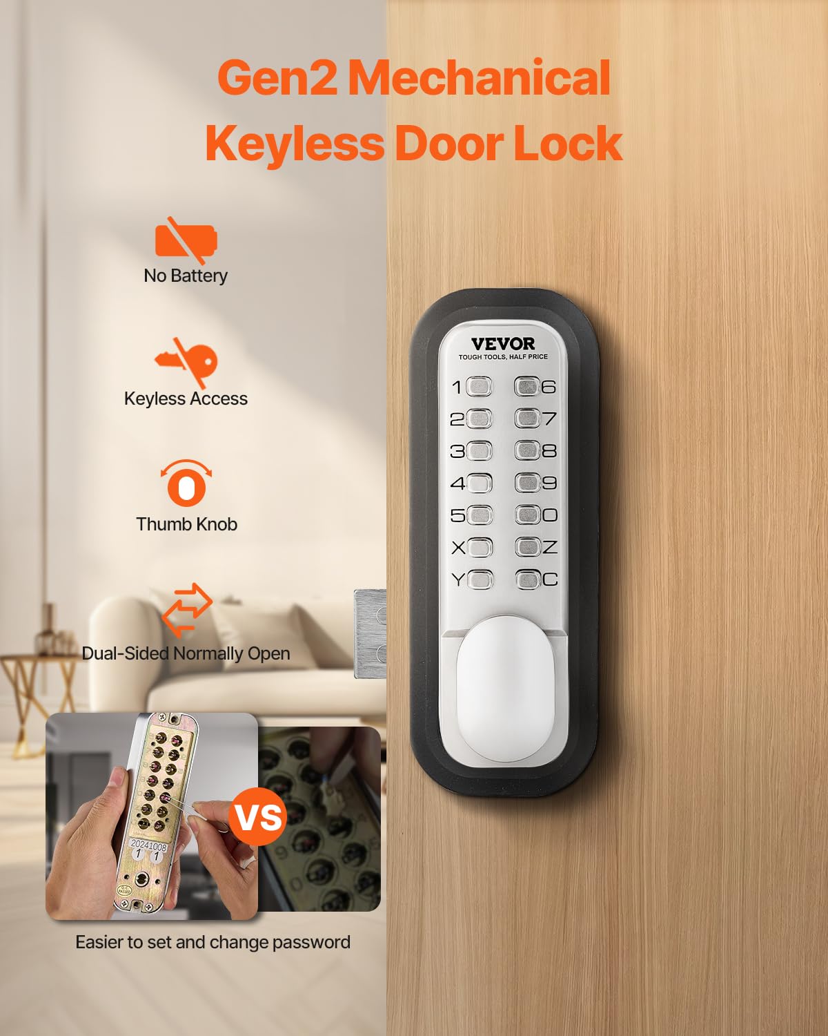 VEVOR Mechanical Keyless Entry Door Lock, 14 Key Door Lock, Mechanical Keypad with Adjustable Thumb Knob, Single-Side Zinc Alloy Waterproof Keyless Gate Lock, for Home Office