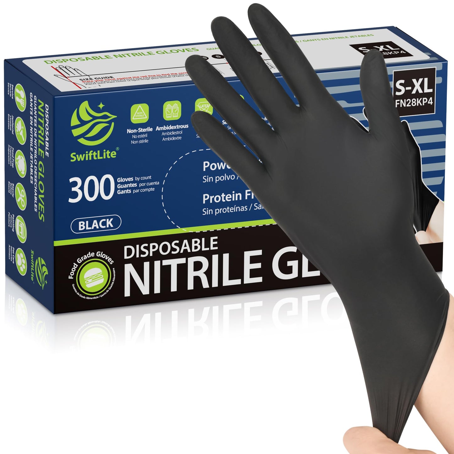 SWIFTLITE Nitrile Gloves, Disposable Black Gloves, Food Safe Rubber Gloves, Latex-Free, Powder-Free for Cooking, Cleaning, Food Prep (Small, 300 Counts)