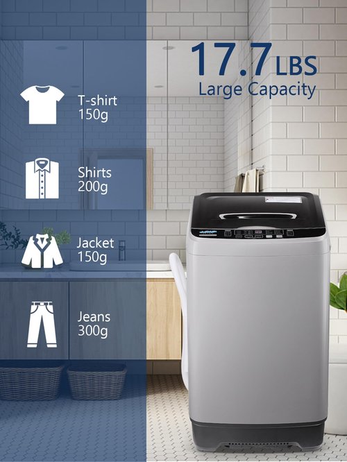 KRIB BLING Full Automatic Washing Machine with LED Display, 17.7 lbs Portable Washer Drain Pump, 10 Programs & 8 Water Levels Selections, Ideal for RV, Kitchen Camping, Apartment, Dorm, Dark Grey