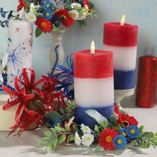 Red White Blue Patriotic Pillar Candles with Remote, 4th of July Flameless Pillar Candles (3"×6") Real Wax, Unscented Flickering LED Candles for Home Patriotic Holiday Decor