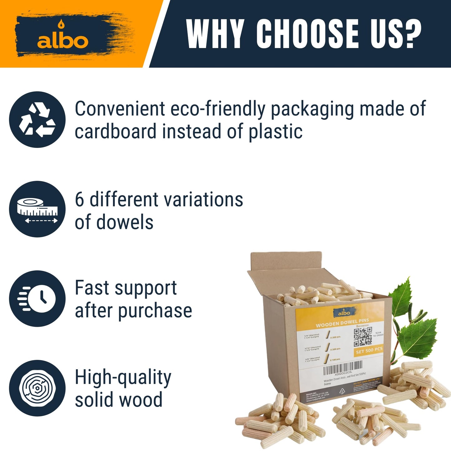 ALBO Wooden Dowel Pins 500 Pack Assorted Sizes 1/4 + 5/16 + 3/8 inch Fluted Wood Dowels Rods Hardwood Crafts Dowel Pegs