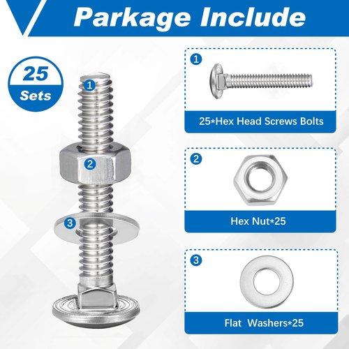 Zonon 25 Sets 1/4-20 x 1-1/2" Stainless Steel Carriage Bolts and Nuts Kit Round Head Square Neck Carriage Bolts Screws and Hex Nuts and Flat Washers, Stainless 18-8 Full Thread Coverage (Silver)