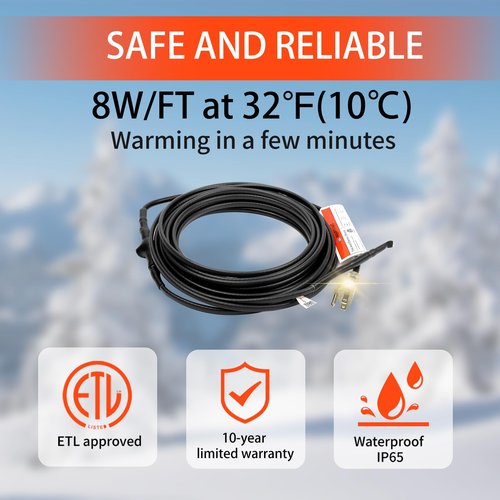 HEATIT 24ft Roof and Gutters Heating Cable with 10ft Lighted Plug Heavy-Duty Heat Tape, 120V 8W/ft