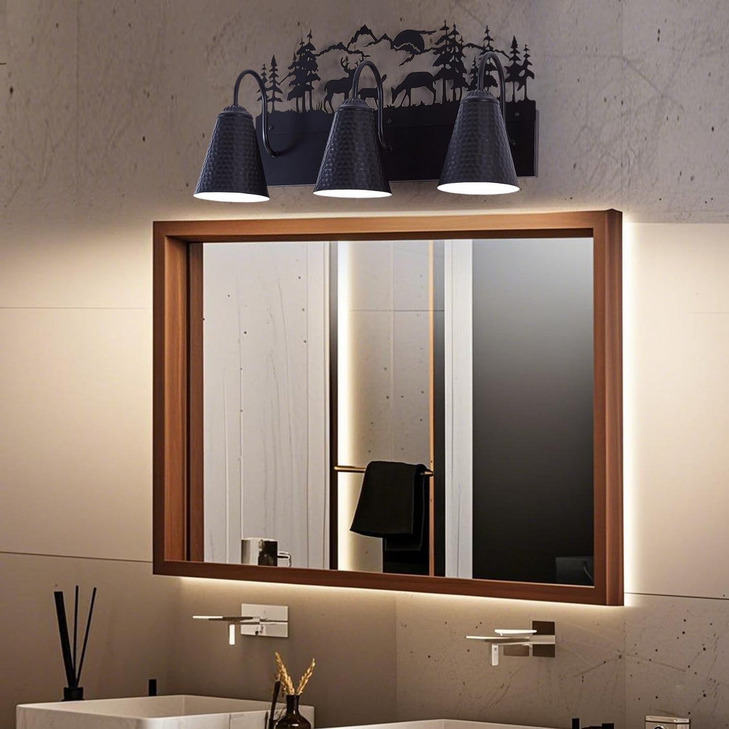 Monaxon Farmhouse Bathroom Vanity Light with Deer Design - E26 Base 3-Light Black Metal Rustic Wall Fixture for Mirror Lighting, and Dressing Table (Large, Bulb Not Included)