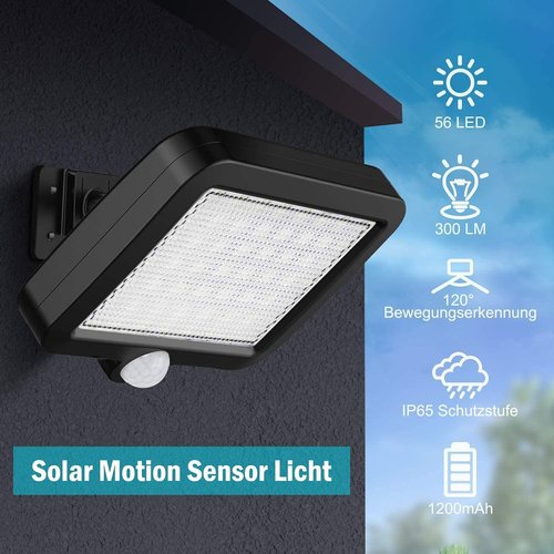Solar Light Outdoor, 56 LED Light Outside with Motion Detector, IP65 Waterproof, 120° Lighting Angle, Solar Wall Light for Garden with 16.5ft Cable