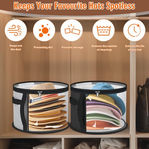 lahnao 2PCS Oversized Clear Hat Storage Bag for Women 16.5 x 10.4Inch, Round Foldable Cowboy Hat Box with Carrying Handles, Hats Box for Travel Holds up to 7 Caps (Black, Grey)