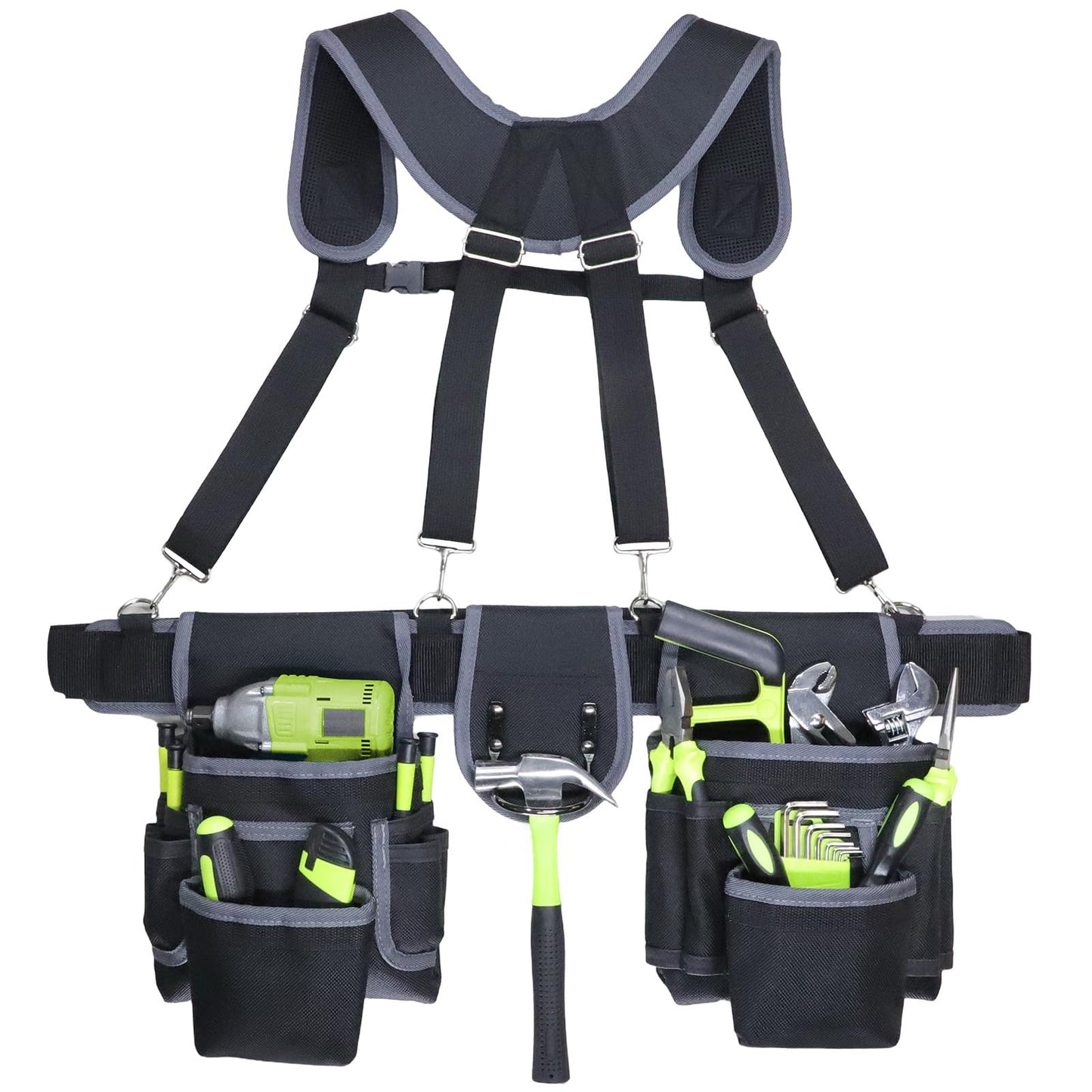 Tool Belt, Tool Belts for Men, 32 to 66 Inches Adjustable Waist, Electrician and Carpenter Tool Belt with Suspenders for Construction and Gardening, Black and Grey