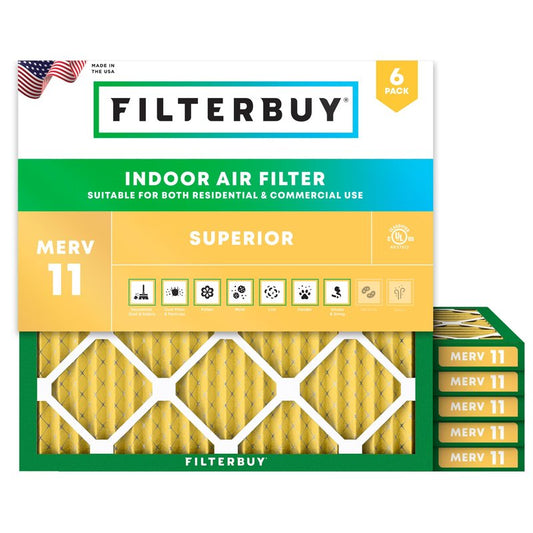 Filterbuy 23.5x23.5x1 Air Filter MERV 11 Superior Pet & Allergy Defense (6-Pack), Electrostatic Pleated HVAC AC Furnace Filters Replacement, Made in USA (Actual Size: 23.38 x 23.38 x 0.75)