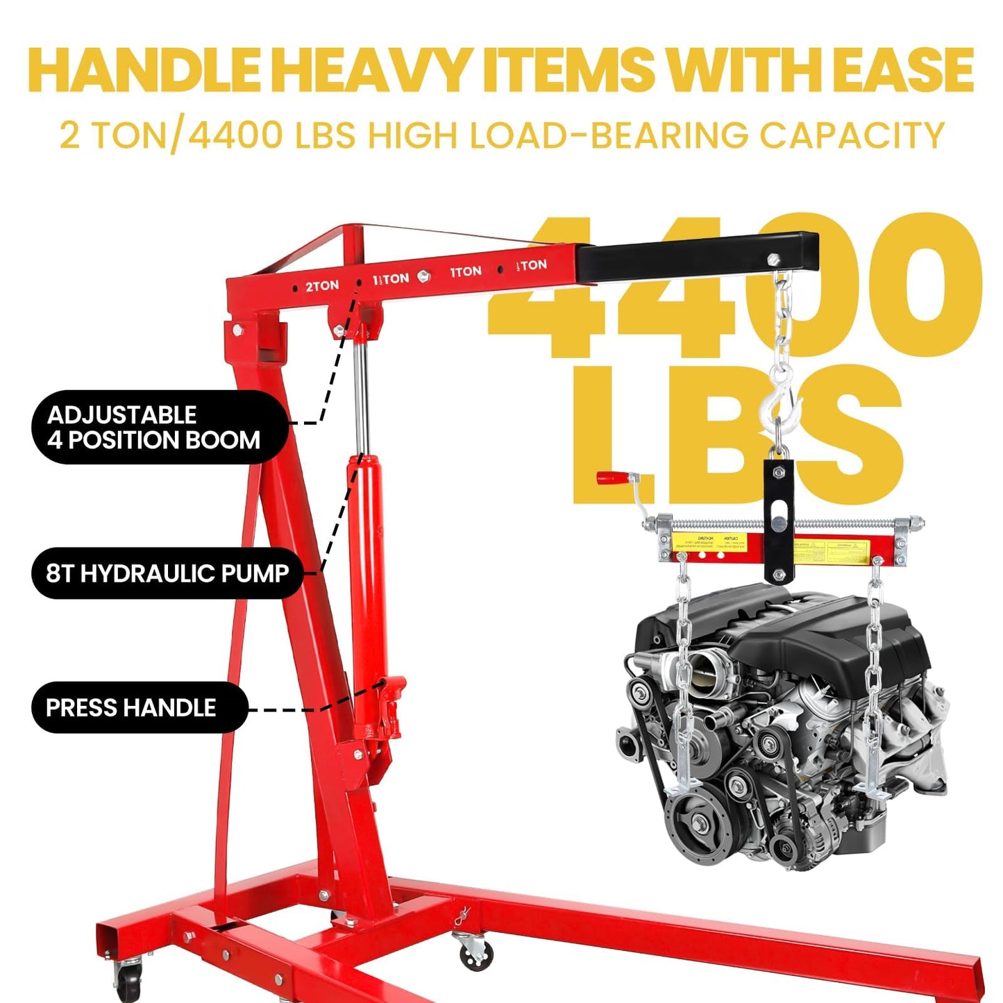 Engine Hoist Cherry Picker with Leveler, 2-Ton Folding Hydraulic Workshop Crane Lift with 6 Swivel Wheels and Telescopic Boom, 4400 Lbs Capacity Heavy-Duty Crane for Garage, Automotive Repair (Red)