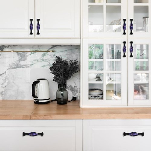 NEWzone 4 Pack 5.6 Inch Cabinet Pulls Kitchen Cabinet Handles with Purple Flower, Black Cabinet Hardware Stainless Steel Kitchen Drawer Pulls for Cabinets Cupboard, 125mm Hole Center