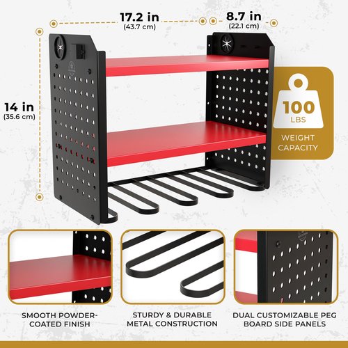 BUILTSTRONG Power Tool Organizer-6 Drill Holder Wall Mount, 3 Tier Heavy-Duty Hand Tool Storage Rack, Utility Racks, Drill Holder, 2 Pegboard Sides - Garage Storage Cordless Tool Organizer (Red)