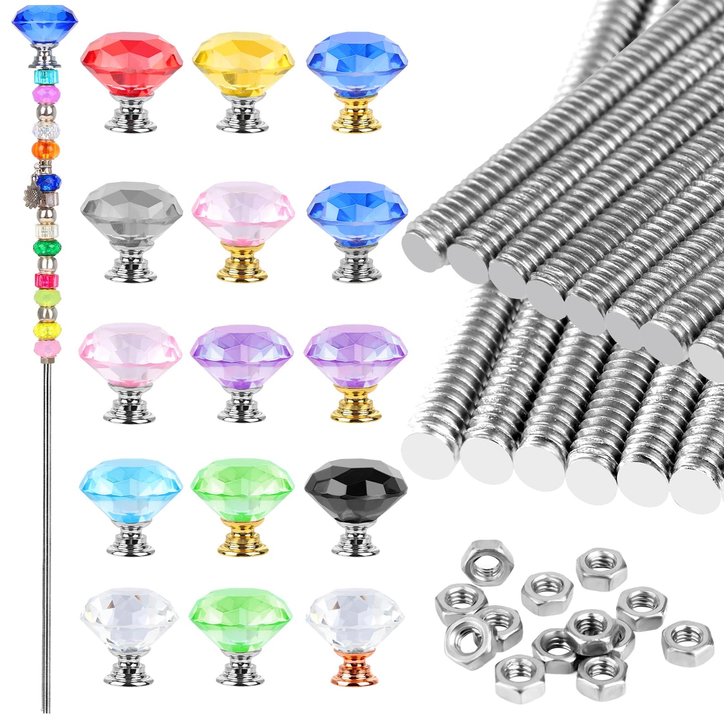 45 Pcs 8/32 Inch Threaded Rod Sets Include 15 Pcs M4 Screw Rod with 15 Pcs Metal Hex Nuts and 15 Pcs Beaded for Beaded Garden Stake Rods