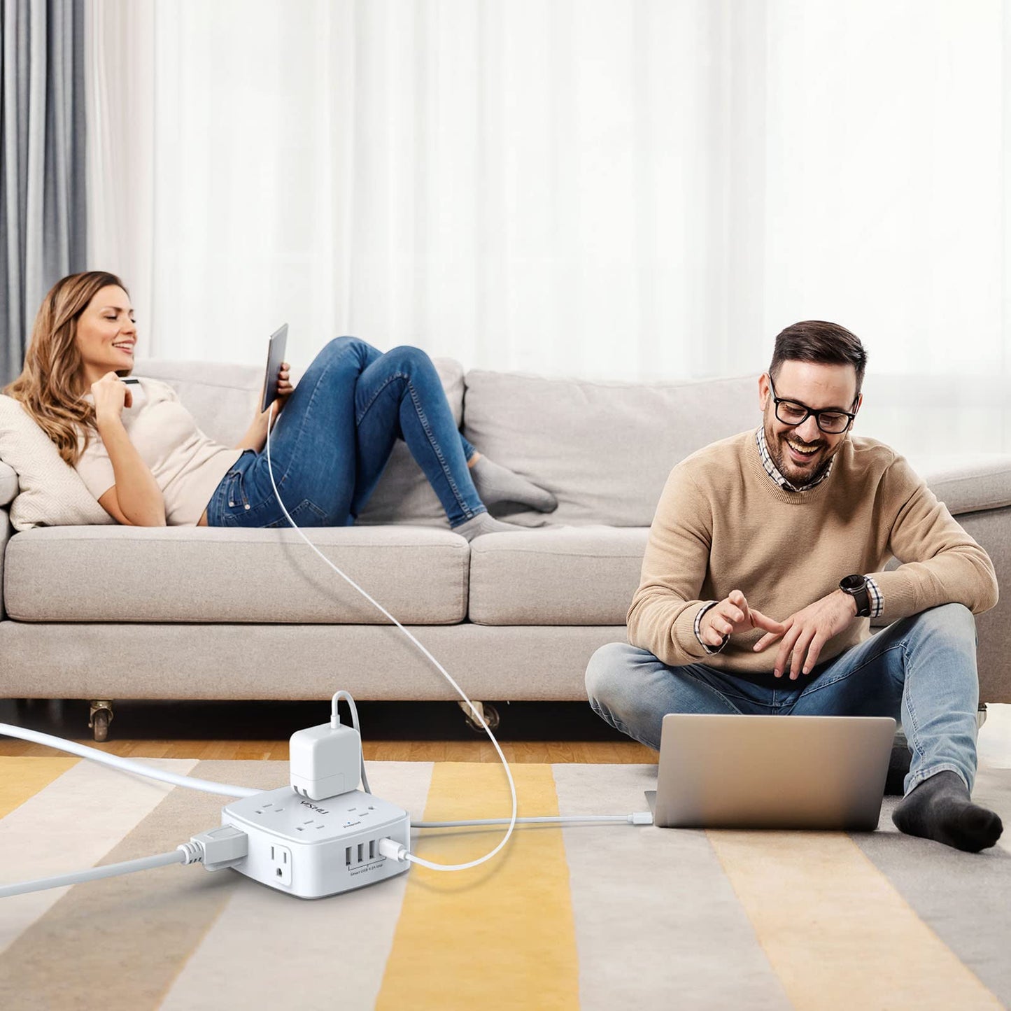 10 Ft Surge Protector Power Strip - YISHU 3 Side Outlet Extender with 8 Widely AC Outlets and 4 USB Ports, 10 Feet Extension Cord with Flat Plug, Wall Mount Desk USB Charging Station, ETL,White