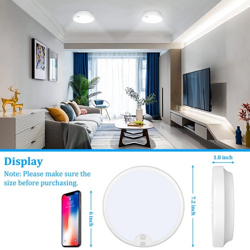 2-Pack Battery Operated Motion Sensor LED Ceiling Light, 7.2inch Flush Mount Light Fixture 6000K, Wireless Motion Activated Ceiling Lamp in 400LM for Closet Pantry Laundry Stair(Battery Not Included)