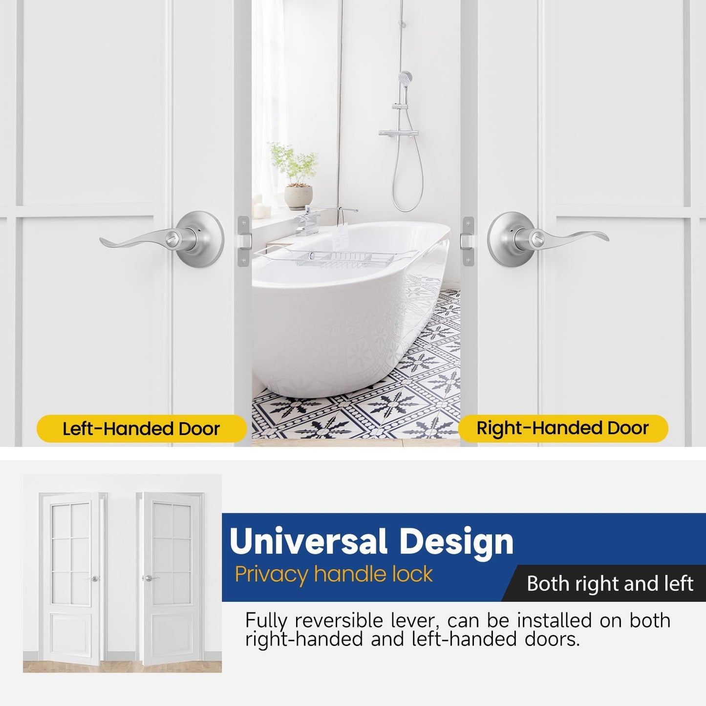 RAFECIEE Privacy Door Lever & Handle – Keyless Lock for Bathroom & Bedroom – Satin Nickel Wave Style Interior Door Knob – Reversible for Left/Right Handed