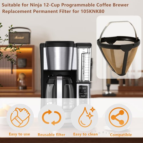 2pcs Replacement for CE250 Coffee Permanent Gold Tone Filter,Compatible with Ninja 12-Cup Programmable Coffee Brewer
