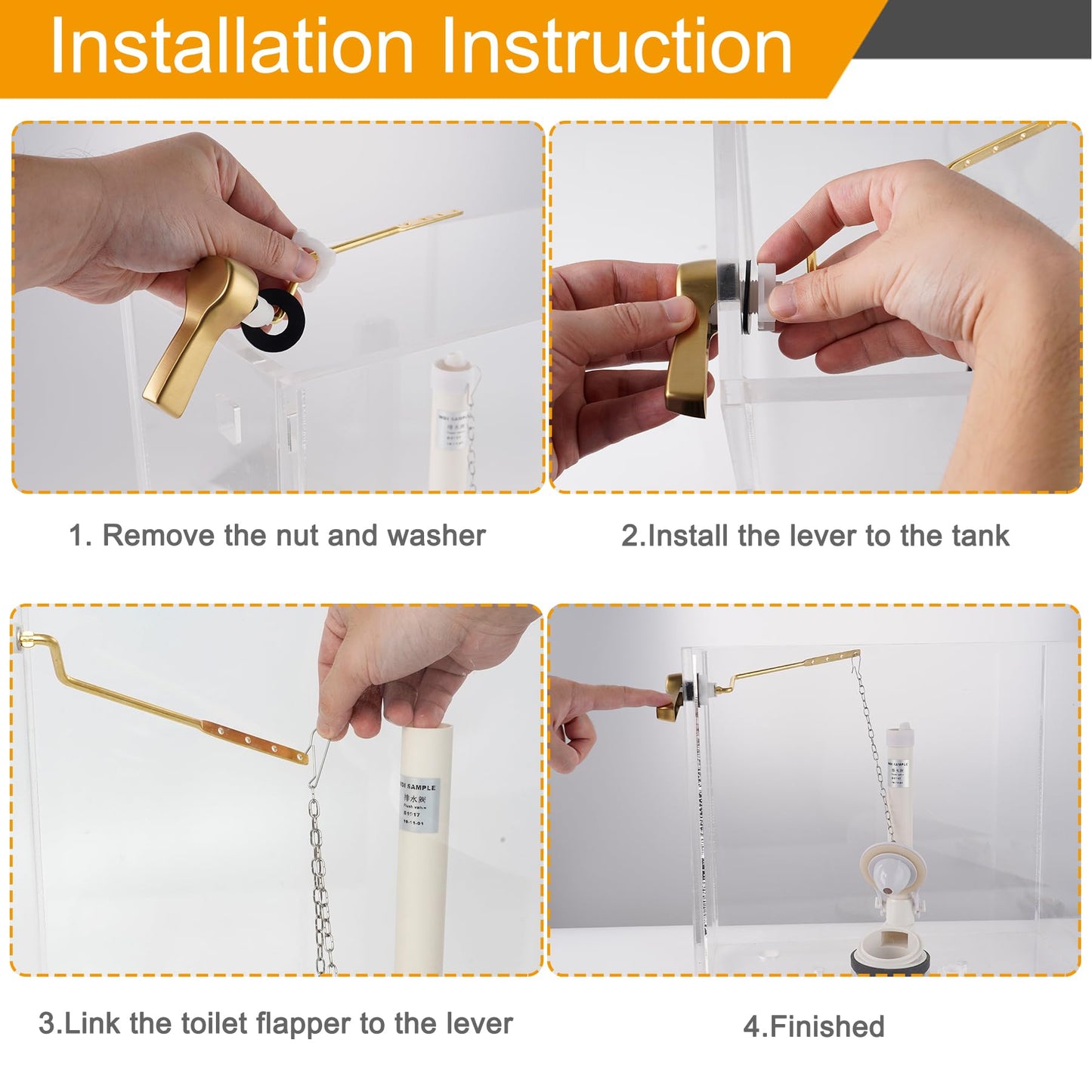 Hibbent Universal Metal Side Mount Toilet Handle Replacement Kit, Brass Toilet Flush Tank Lever with Stainless Steel Flapper Chains for Most Toilets, Brushed Gold