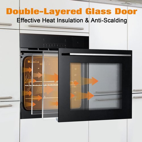 24" Single Wall Oven: Stainless Steel, Black, ETL Certified, 70L Built-In Electric, 3000W Power, 8 Cooking Functions & 108 Automatic Recipes, Led Touch Control