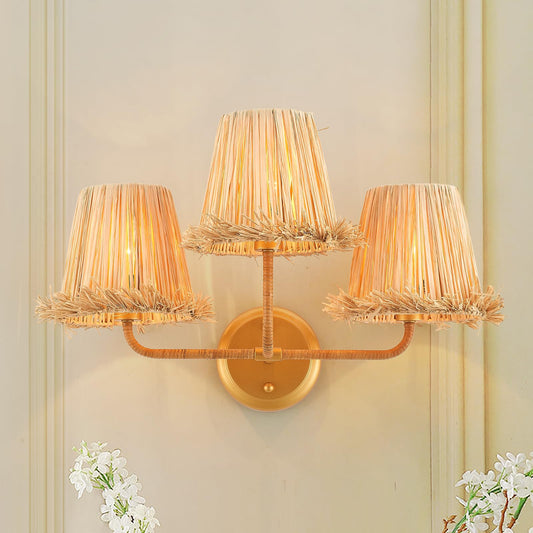 MhyTogn Boho Hand Woven Rattan Wall Sconces 3-Lights Wall Lamp Coastal Brass Wall Lights for Hallway Vanity Bedside Doorway, UL Listed