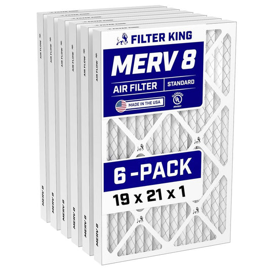 Filter King 19x21x1 Air Filter (MERV 8) (6-Pack) Dust & Allergy Control AC Furnace Filters, MADE IN USA, HVAC, Pleated, Electrostatic (Actual Size: 18.5 x 20.5 x .75)