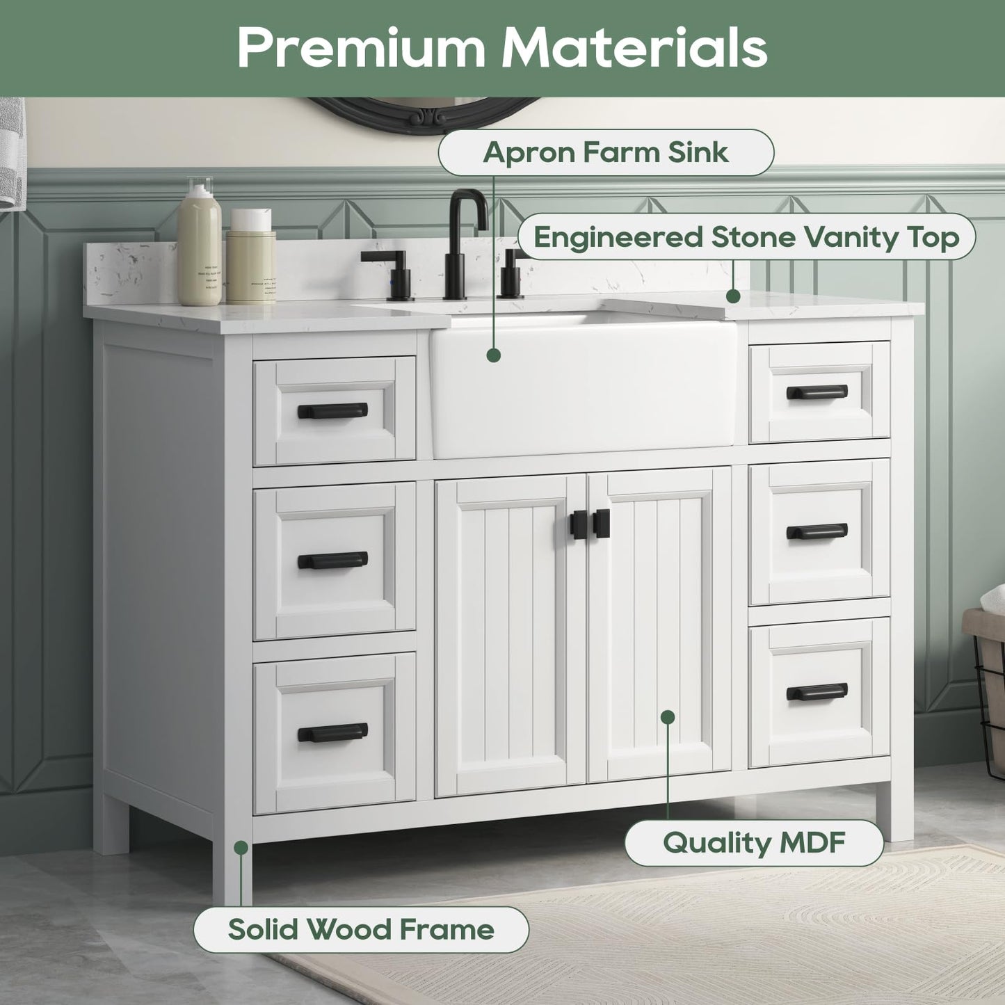 DELUXE LIVING 48 Inch Bathroom Vanity with Apron Farm Sink, White Farmhouse Bathroom Sink Cabinet with Soft Closing Doors & Dovetail Drawers, Single Sink Bathroom Vanity, No Assembly Required