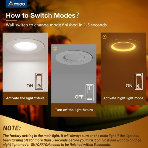 Amico 12 Pack 6 inch 5CCT LED Recessed Lighting with Night Light, 12.5W=100W, 1000LM Can Lights with Baffle Trim, Dimmable, Retrofit Downlight, 2700K/3000K/3500K/4000K/5000K Selectable - ETL & FCC
