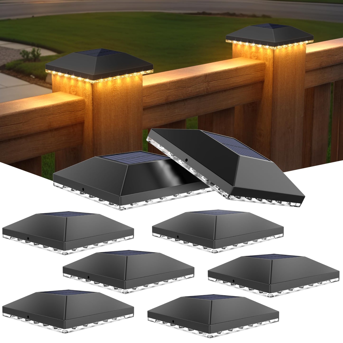 VOLISUN 4x4 Solar Fence - Post Lights Outdoor Waterproof 8pack, Deck Cap Light for 4x4 Wooden/4x4 Vinyl,Black Solar Fence Post Cap Light for Garden/Patio/Porch