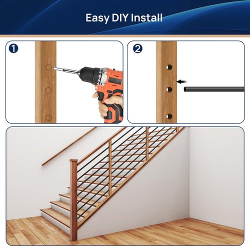 7 Pack 8 FT x 35/64 inch Iron Stair Balusters with 14mm Wood Drill Bit, Matte Black Hollow Horizontal Interior Baluster, Stair Railing Spindles for Indoor Staircase