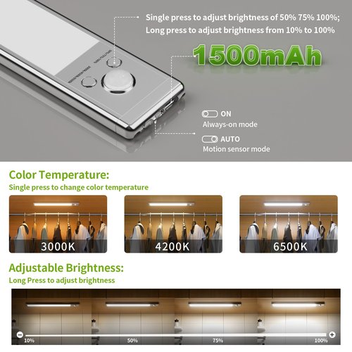Under Cabinet Lighting, 2 Pack Motion Sensor Light Indoor, 76 LED USB Rechargeable Battery Operated, 3 Levels Dimmable Magnetic Closet Lights, Wireless Under Counter Lights for Kitchen Stairs Hallway