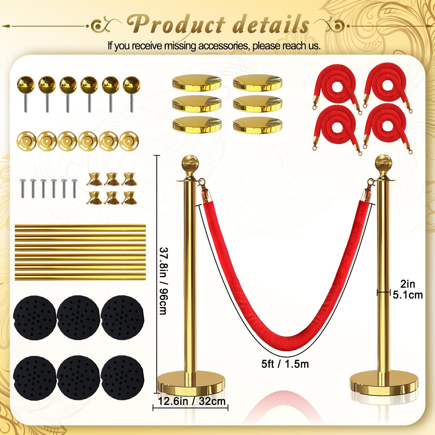 JLXMAXLJ 6PCS Gold Stanchions Posts with 4PCS 5 ft Red Velvet Rope, Red Velvet Rope Stanchion Set Crowd Control Barriers, Stanchions and Velvet Ropes Red Carpet Poles for Party Supplies